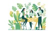 © Ziyan Yang - Sustainable workplace concept. Characters working together at environmental friendly office with plants. Vector illustration.