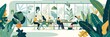 © Ziyan Yang - Sustainable workplace concept. Characters working together at environmental friendly office with plants. Vector illustration.