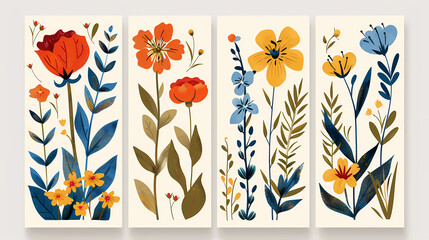 Wall Mural - The botanical poster design set features different flowers that can be used for postcards, wall art, banners, and backgrounds. Let your imagination run wild with this modern naive groovy funky