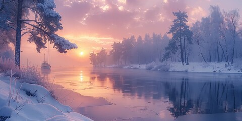 Wall Mural - Soft Pink and Purple Glow in Snowy Landscape, generative ai