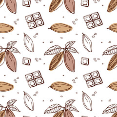 seamless pattern with chocolate. hand drawn vector bar of broken chocolate and cocoa bean. organic p