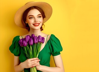 Poster - Cheerful woman in a hat holding purple tulips. Bright background with woman in green dress. Conceptual floral portrait. AI