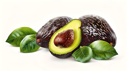 Wall Mural - Fresh avocados with leaves on white background. Realistic, vibrant and healthy. Ideal for stock photos, food blogs, and market visuals. AI