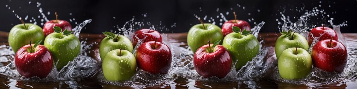 A row of apples are splashing in water