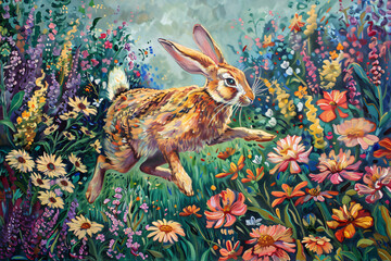 Wall Mural - A painting of a rabbit jumping through a garden