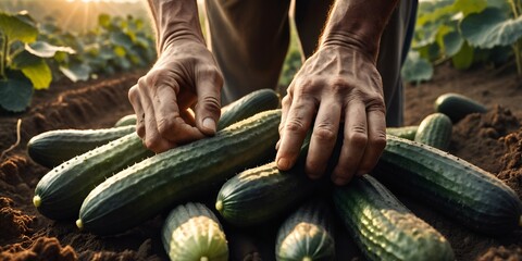 Wall Mural - Harvest. Hands with cucumber vegetables against field