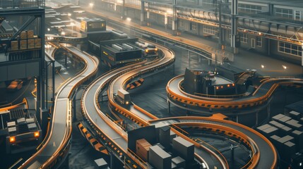 Poster - a logistics hub with conveyor belts and autonomous vehicles boosts operational speed and accuracy.