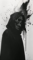 Wall Mural - The image of death in black clothes, a black hood. Grim reaper in the fog. Depression, despondency, fear, fright, mysticism. 3D illustration, 3D rendering isolated on white background Halloween theme 