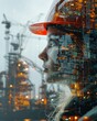 © Natalia - Double exposure of woman engineer inspecting construction site and digital 3D model of building design