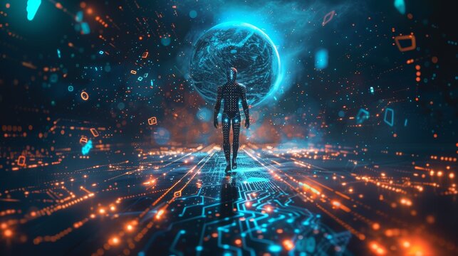 Digital art of a futuristic man with a robotic body walking on a digital circuit board path against a space background, with a hologram globe floating above his 