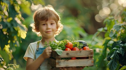 boy holding a box with vegetables on a farm background. selective focus