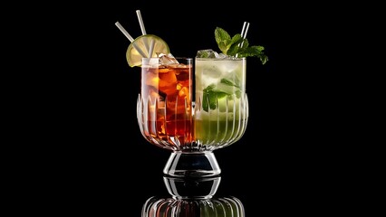 Glass of fresh long island ice tea and mojito cocktail studio shot on black background