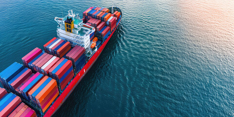 Сargo ship on sea water with colorful containers stacked onboard