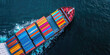 © dinastya - Сargo ship on sea water with colorful containers stacked onboard