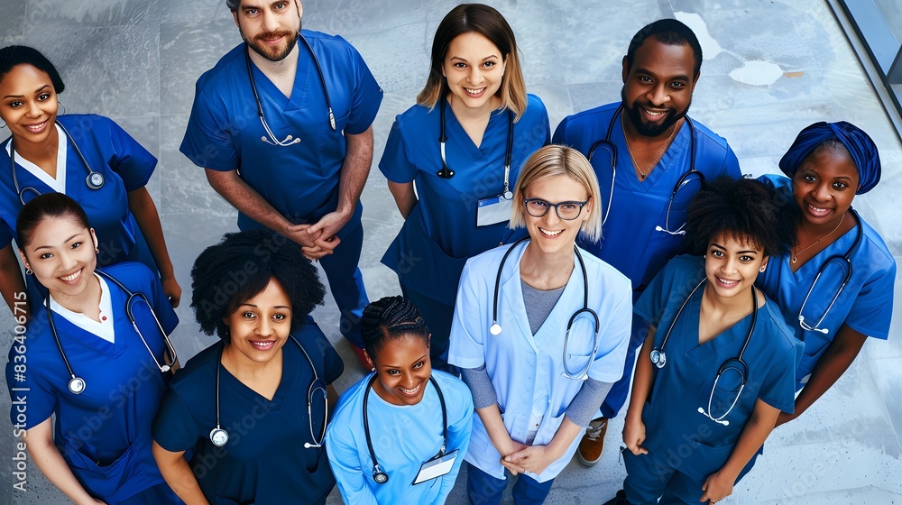 Diverse group of healthcare professionals in blue scrubs smiling and ...