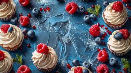 Wall Mural - Delicious Cream-Filled Cupcakes Topped With Fresh Raspberries and Blueberries on a Blue Background