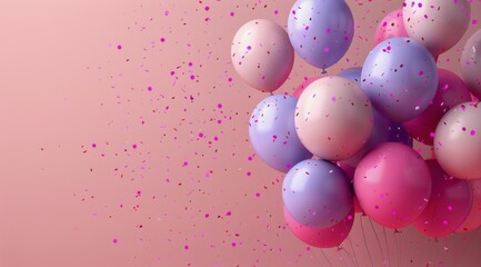 Wall Mural - Pink and Purple Balloons With Confetti on a Pink Background