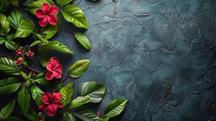 Lush Green Leaves and Vibrant Red Flowers on a Textured Blue Background