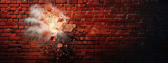 Wall Mural - A powerful blast punches a ragged hole through a solid brick barrier, exposing the vulnerability of the built environment to the raw power of a devastating explosion.