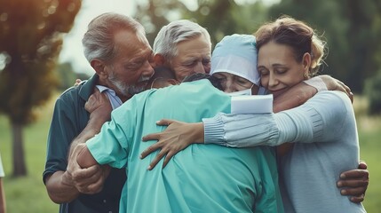 Healthcare team and family share a heartfelt group hug, symbolizing support, unity, and compassion amidst a serene outdoor setting.