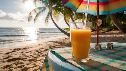 A serene beach scene featuring a glass of fresh juice on a table, partially shaded by a colorful umbrella