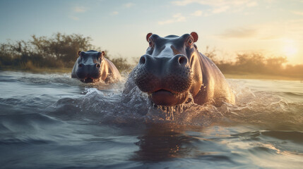 Wall Mural - hippopotamus with water