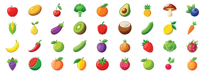 set of colorful berries and fruits, vegetables. different vector fruits and vegetables icon set. vec