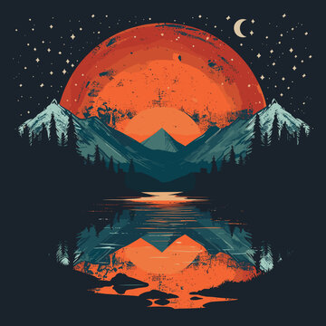 Mountain landscape with lake and moon. Vector illustration in retro style.