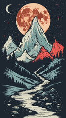 Wall Mural - Mountains in the night sky. Vector illustration in retro style.