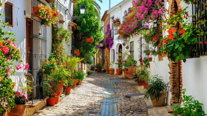  Charming Narrow Alleyway with Colorful Flower Pots and Cobblestone Path in a Mediterranean Village

