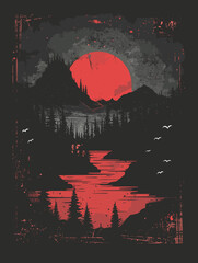 Wall Mural - Mountains, lake and forest in grunge style. Vector illustration.