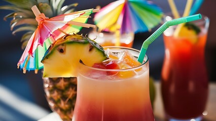 A drink with a pineapple garnish and a straw