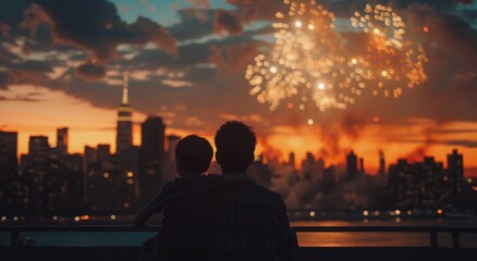 Wall Mural - Couple Watching Fireworks Display Over City Skyline at Sunset