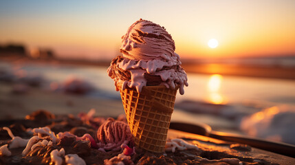 Glace dans un cornet. Glace au chocolat, vanille, café sur un arrière-plan flou de la plage. Coucher de soleil, mer, océan, plage. Vacances, été, soleil. Plaisir, détente, gourmandise. 