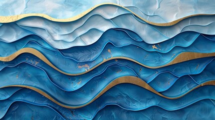 Volumetric abstract blue sea waves on a concrete wall with gold elements.