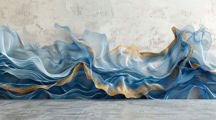 Volumetric abstract blue sea waves on a concrete wall with gold elements.