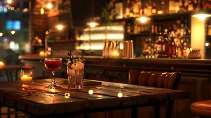 Wall Mural - intimate bar table with drinks and warm lighting, inviting scene.