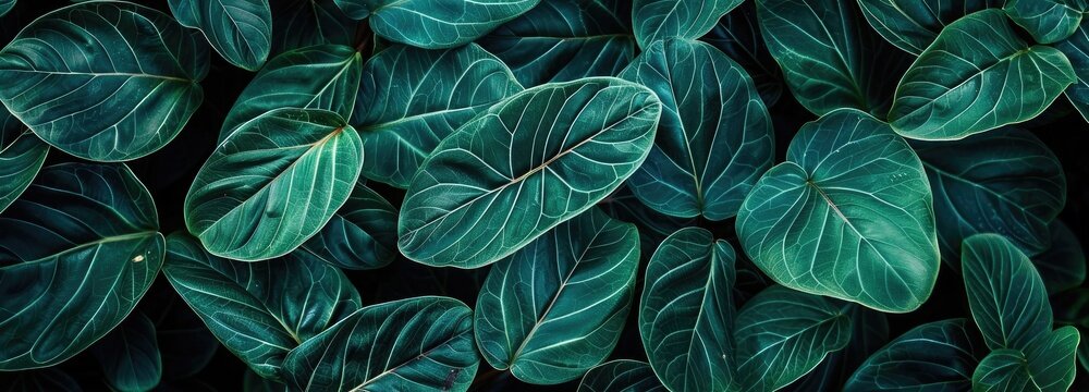 Abstract texture of green leaves, dark nature background, tropical leaf closeup