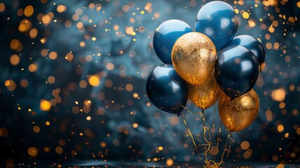 Canvas Print - Blue And Gold Balloons With Stars On A Dark Blue Background