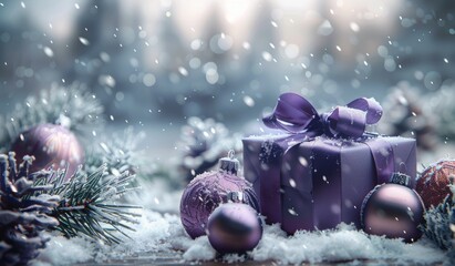 Poster - Purple Christmas Gift Box In Snow With Ornaments and Pine Branches
