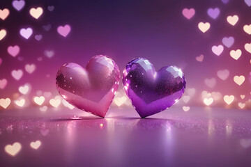 Wall Mural - Glittering hearts and lights. Gradient pink and purple abstract backdrop.. Romantic and love concept. Valentine's day. Background design for greeting card decoration, banner with copy space