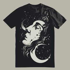 Wall Mural - T-shirt print design with female face and moon. Vector illustration