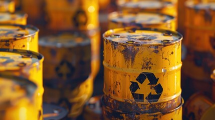 Poster - A collection of yellow barrels with recycle logos, suitable for environmental or sustainability-themed projects
