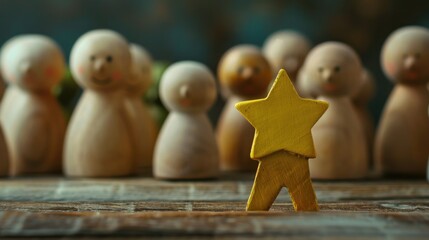 Poster - A wooden figure standing among other wooden people, ideal for use in illustrations or designs where a wooden theme is desired