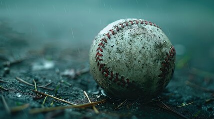 Poster - A baseball lying on the ground after being caught or dropped, with raindrops falling around it