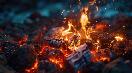 Poster - A burning fire in the middle of a green field with tall grass and no signs of human activity