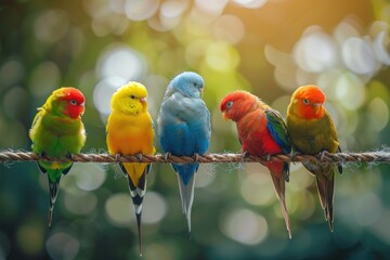 Aufkleber - A group of vibrant birds sit together on a rope, with varying colors and textures