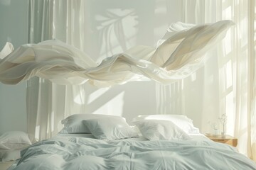 Wall Mural - Light as air, a comforter is caught in a serene moment of floatation above a neatly made bed in a sun-drenched minimalist bedroom..