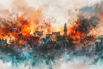 Aufkleber - Watercolor illustration of a city engulfed in flames, with smoke and flames rising into the air