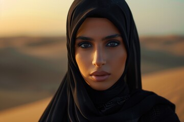 Poster - Desert landscape with a woman wearing a black hijab, standing in the sand